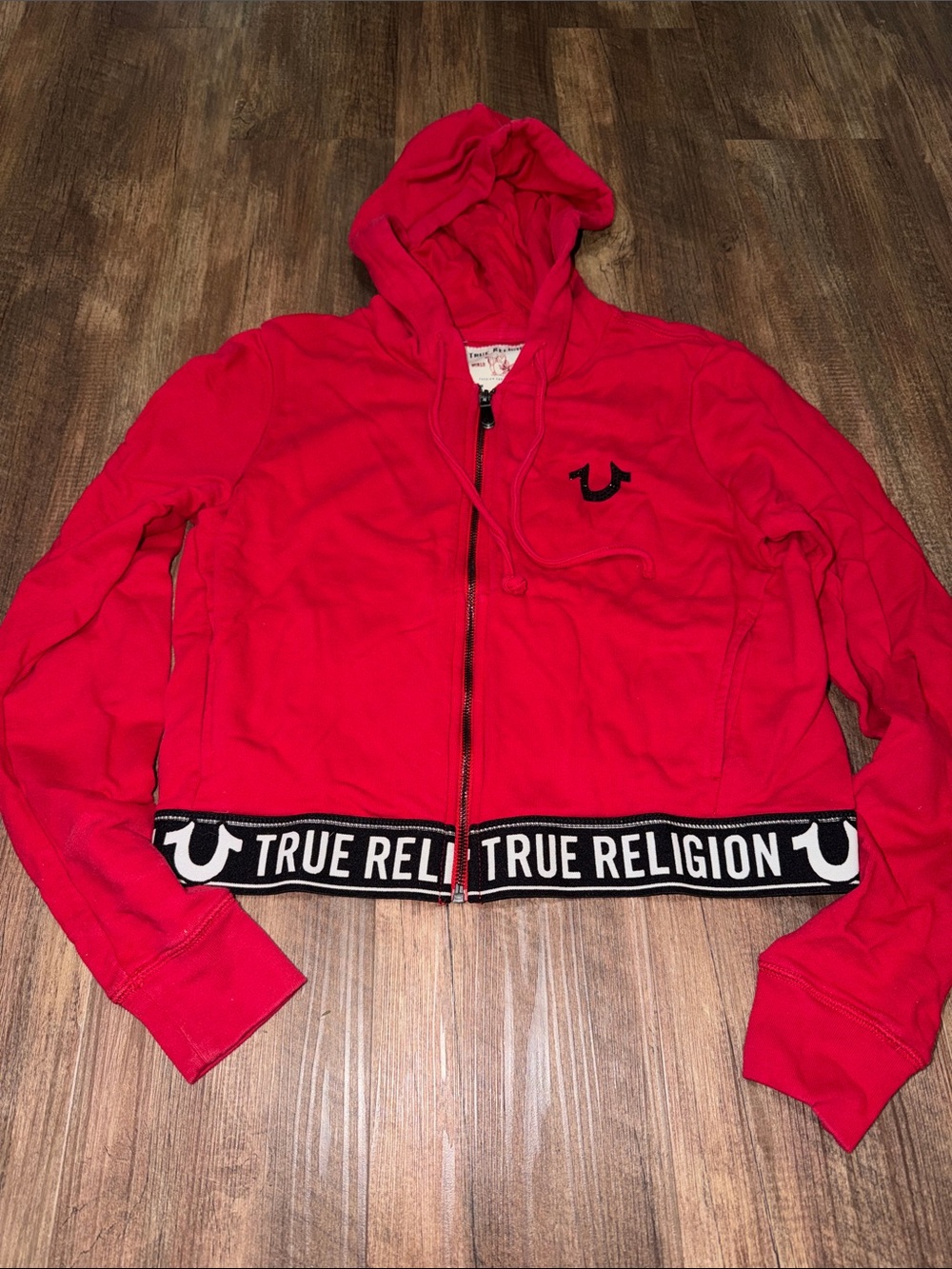 Women’s Cropped True Religion Hooded/Zippered Jacket size XL rhinestone